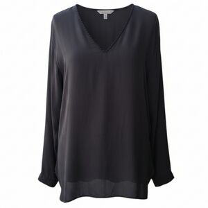 Vince Silk Beaded V Neck Long Sleeve Blouse Charcoal Grey Size XS